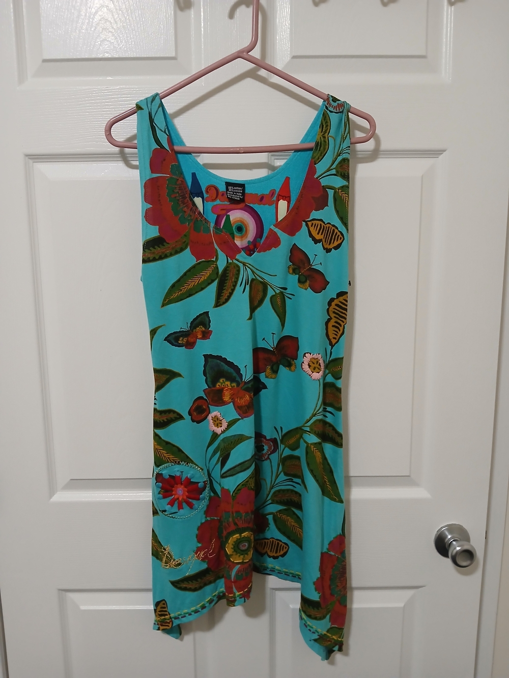 Desigual Turquoise Floral & Butterfly Mini Dress with Red and Green Motifs